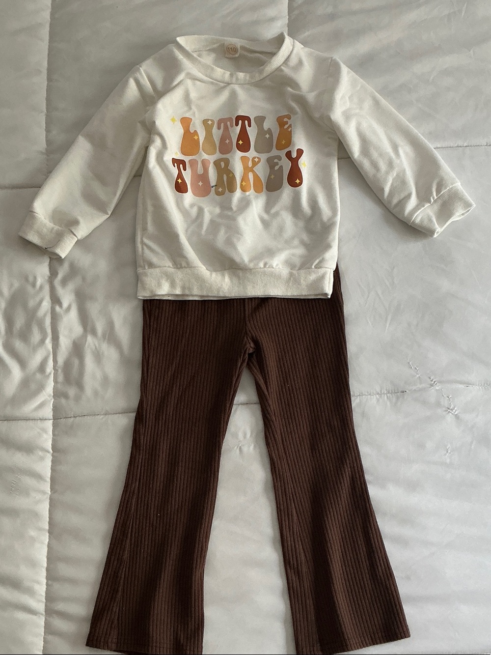 Little Turkey Cream Graphic Sweatshirt with Brown Ribbed Pants